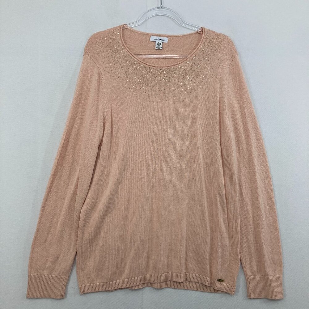 Calvin Klein Knit Light Sweater size XL Pink Mauve Embellished Stretch Casual